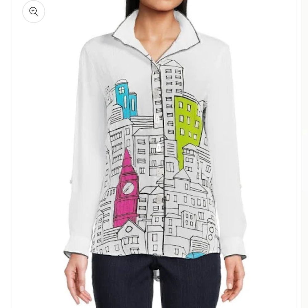 John Mark Novelty Cityscape Button Front Top M